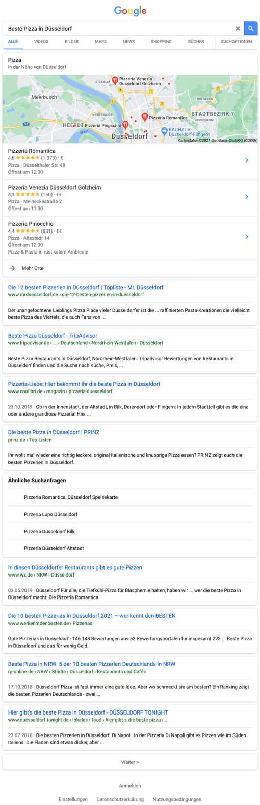 SERP Beispiel für Beste Pizza in Düsseldorf